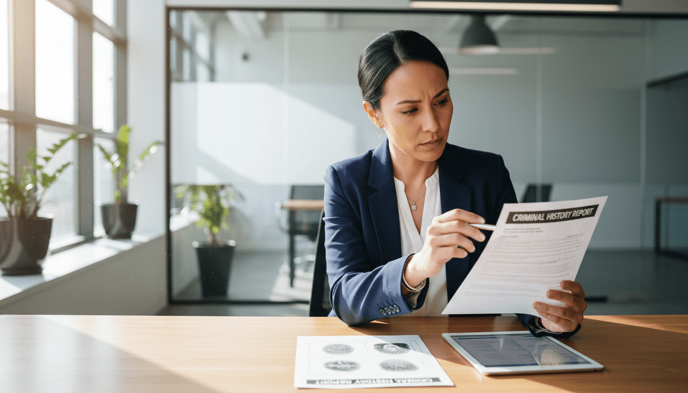 Close-up of hands reviewing employment documents, passports, and job contracts on office desk