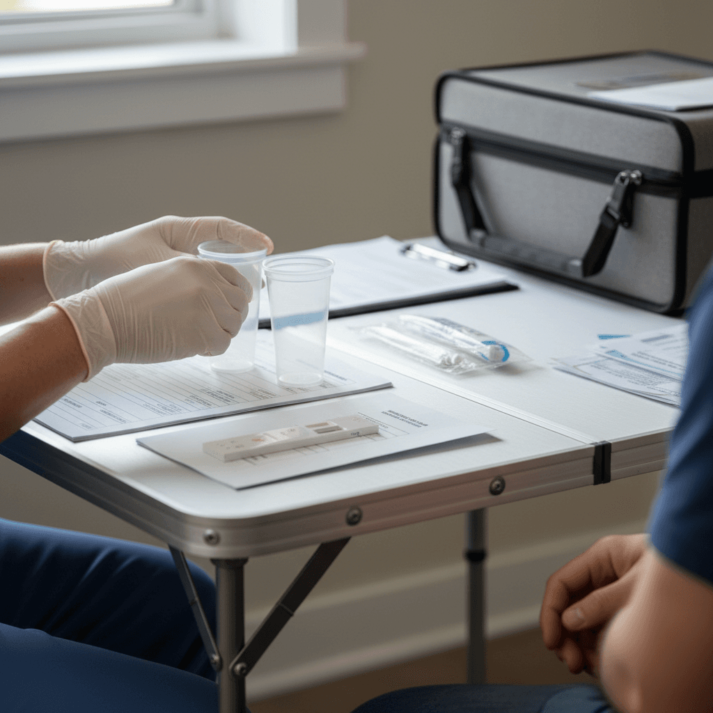 Healthcare technician's hands preparing drug screening test kit with collection containers and documentation on portable testing station