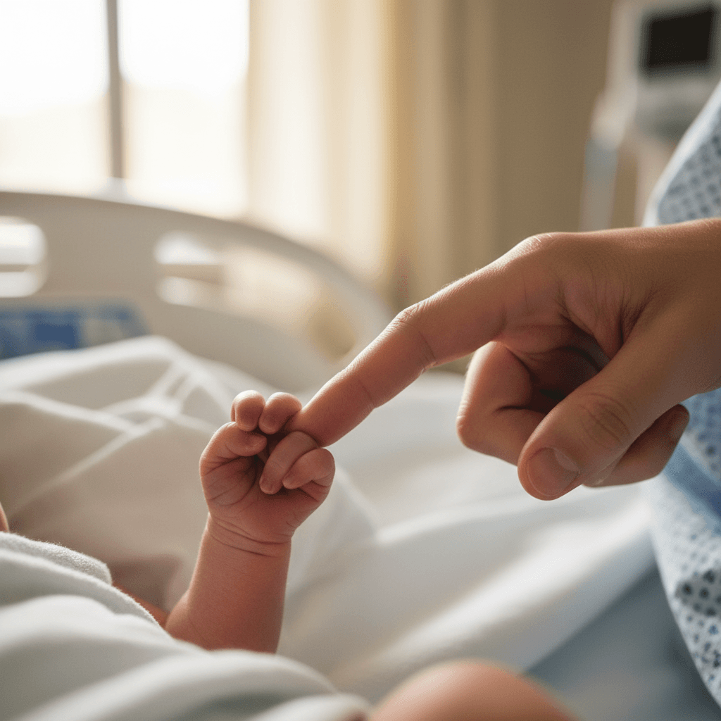 Newborn baby's tiny hand grasping parent's finger in tender postpartum bonding moment