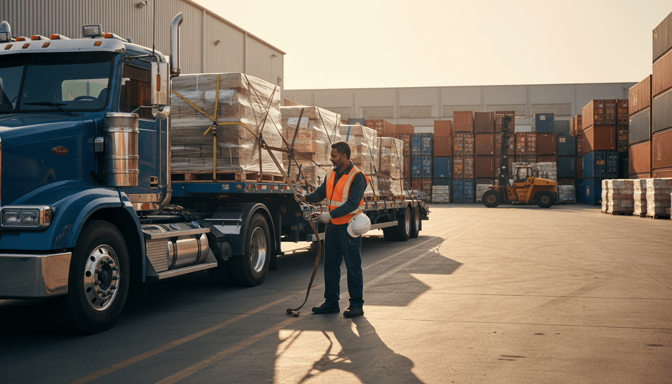Professional truck driver in uniform standing beside large commercial freight vehicle in industrial logistics terminal during golden hour