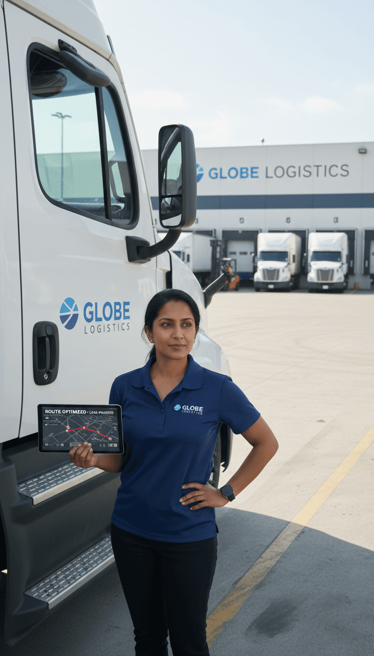 Professional truck driver standing beside loaded dry van in logistics yard holding route information tablet