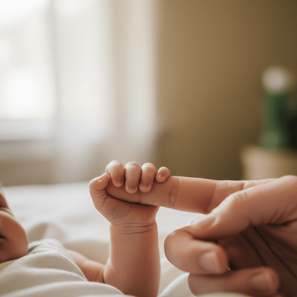 Newborn baby's tiny hand grasping parent's finger in soft natural window light
