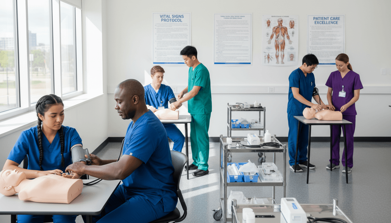 Diverse nursing students practicing vital signs monitoring at individual training stations in bright, modern clinical classroom with natural lighting