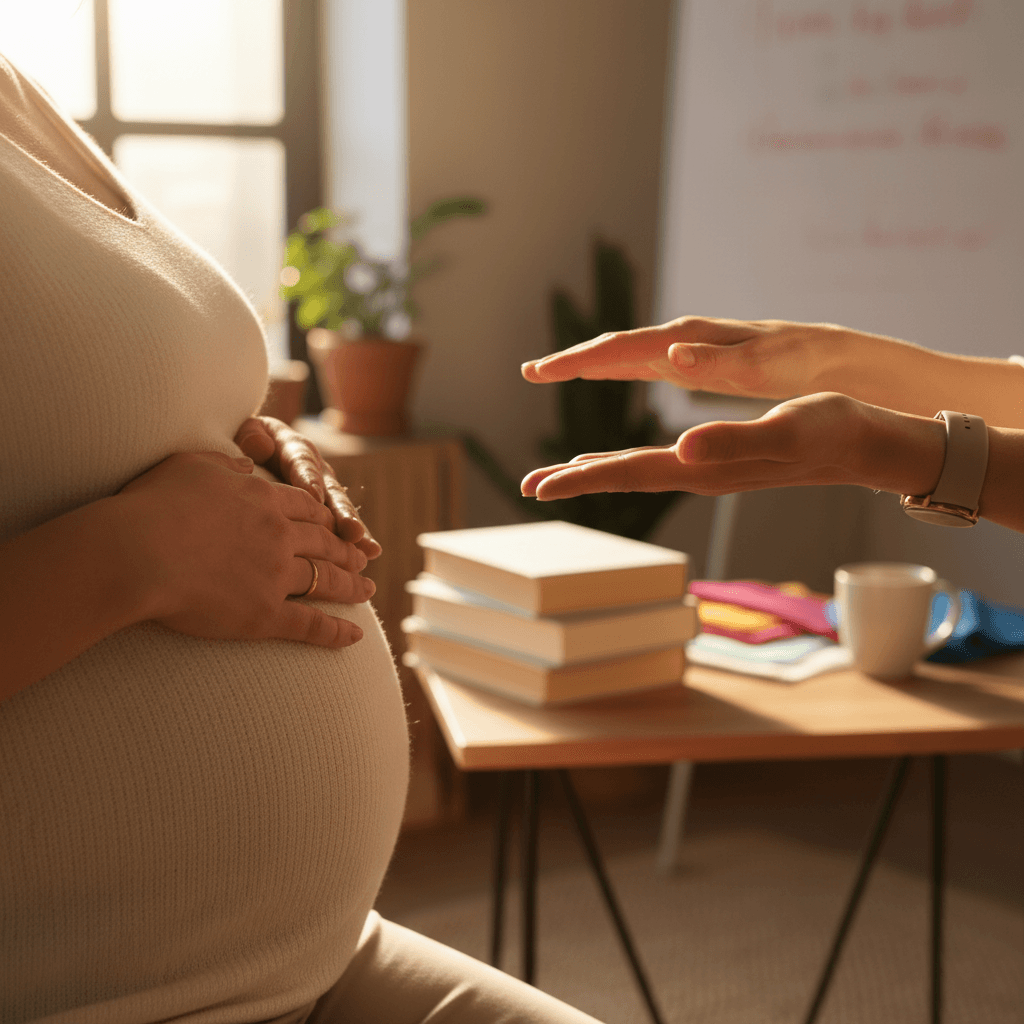 Healthcare educator's hands guiding expectant mother's belly during prenatal education session with soft natural lighting