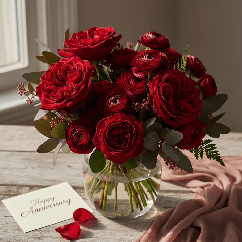 Luxurious anniversary arrangement with deep red roses and burgundy flowers in clear glass vase on wooden table