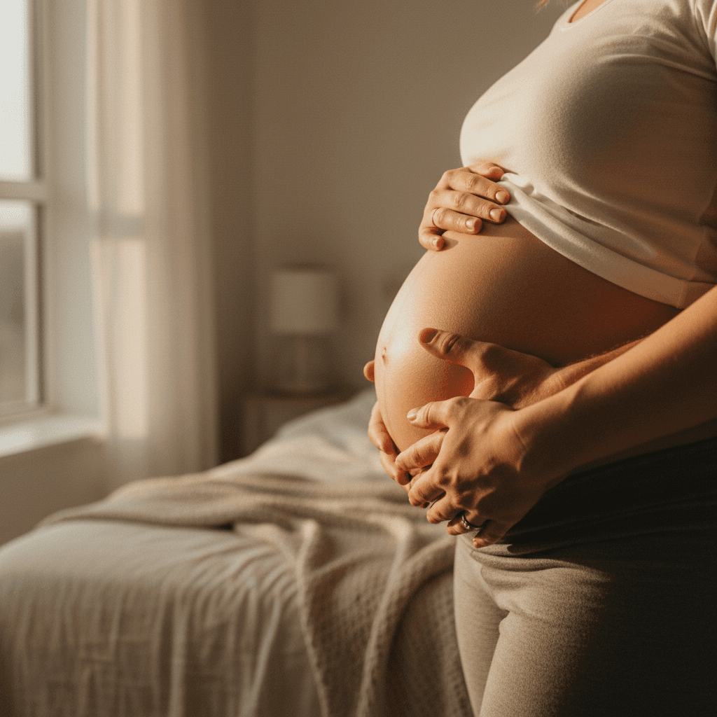 Pregnant woman's abdomen cradled by partner's hands in soft golden hour light, intimate maternity portrait