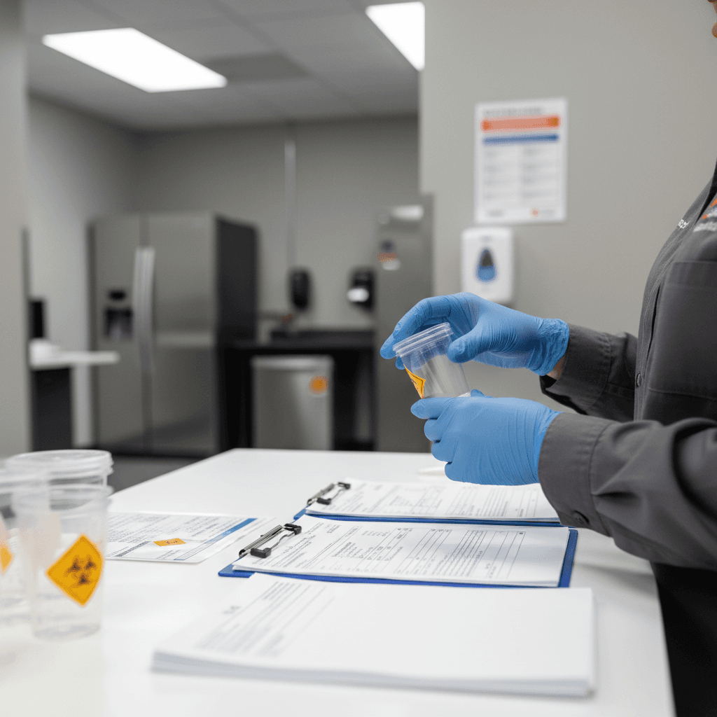 Healthcare technician in gloves performing specimen collection at portable workplace testing station with sealed containers